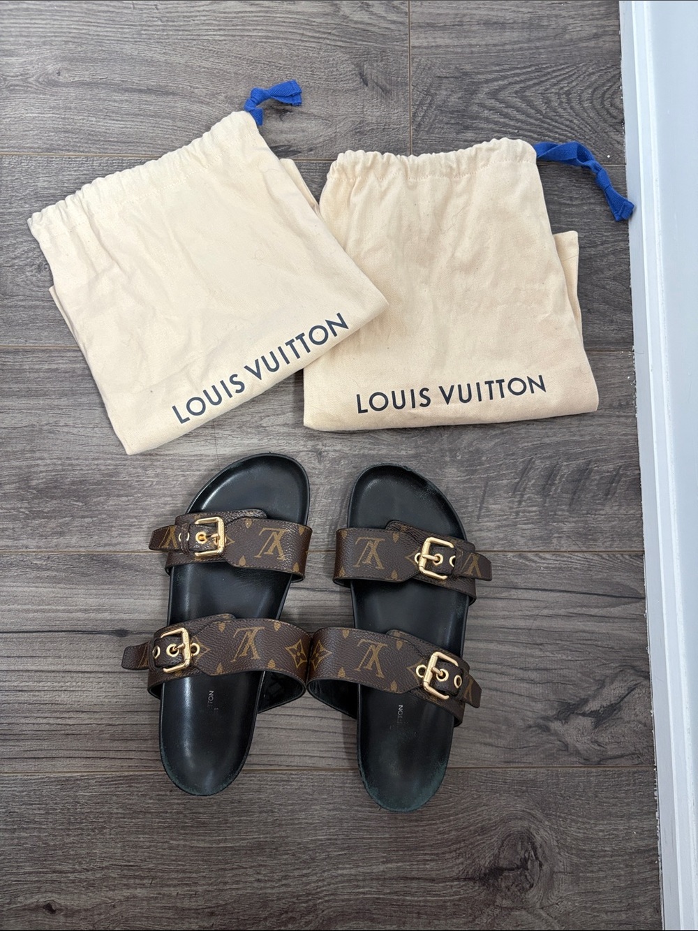 Louis Vuitton Brown Monogram Double-Strap Slide Sandals with Gold Buckles - 38